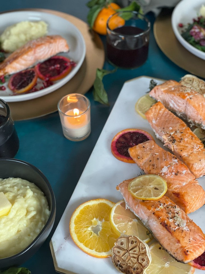 Citrus Roasted Salmon with Celeriac Mashed Potatoes + Pomegranate Bitter Greens Salad Recipe