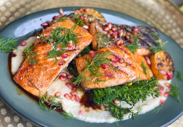 Grilled Salmon + Vegetables with Lavender Onion Soubise Recipe