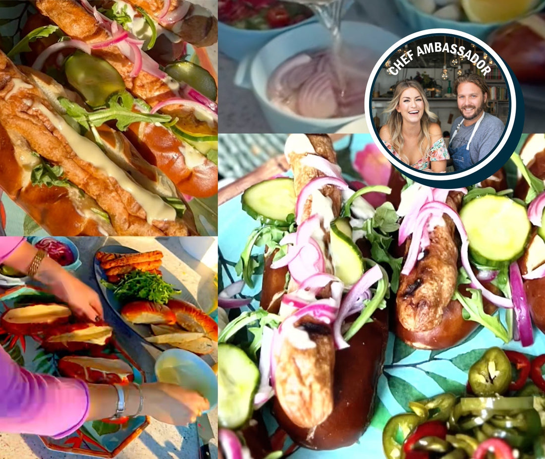 Salmon Hot Dogs in Pretzel Buns with Honey Mustard Aioli & Pickles