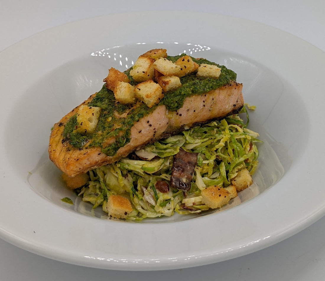 Secret Island Salmon w/ Italian Salsa Verde Served with Shaved Brussels Caesar Recipe