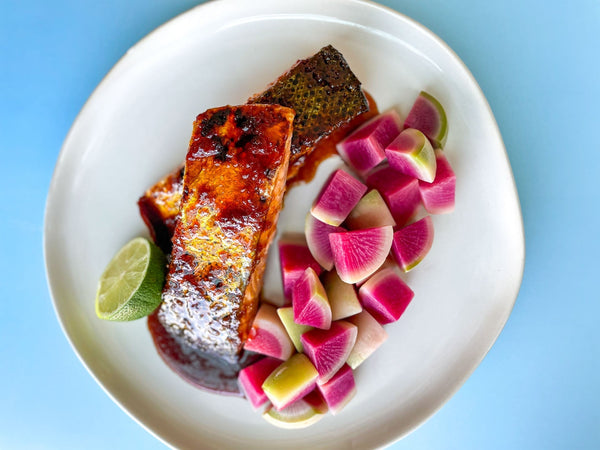 Honey + Ginger Glazed Salmon with Watermelon Radish Recipe
