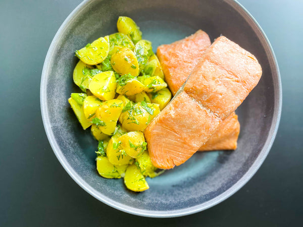 Olive Oil Poached Salmon with Chilled Herb + Potato Salad Recipe