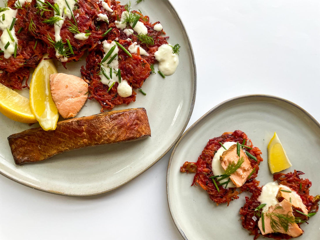 Hot Smoked Salmon with Red Flannel Latkes + Horseradish Cream Sauce Recipe