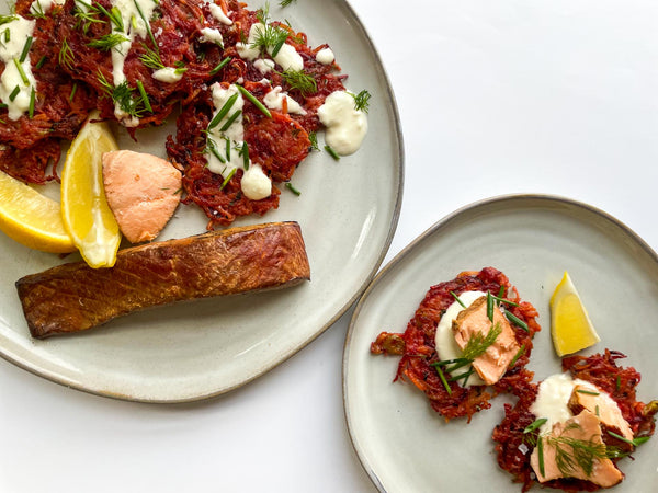 Hot Smoked Salmon with Red Flannel Latkes + Horseradish Cream Sauce Recipe