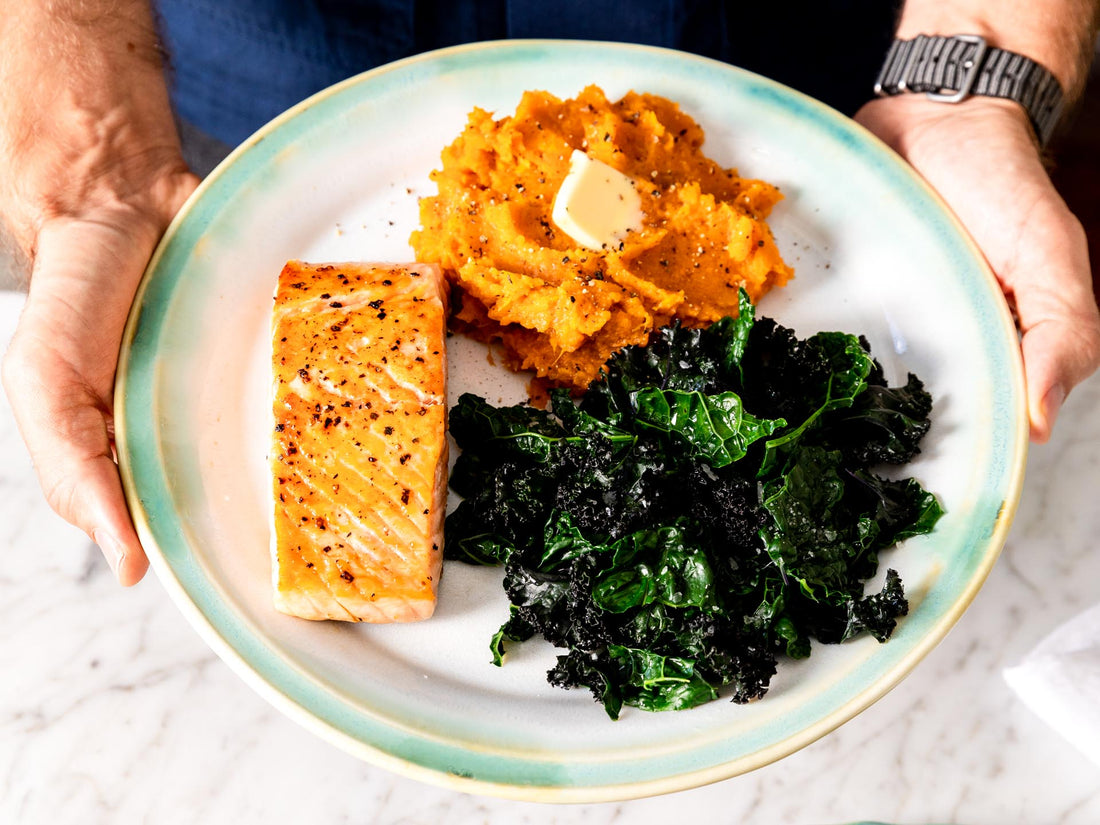 Pan Seared Salmon with Mashed Sweet Potatoes + Greens Recipe