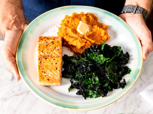 Pan Seared Salmon with Mashed Sweet Potatoes + Greens Recipe