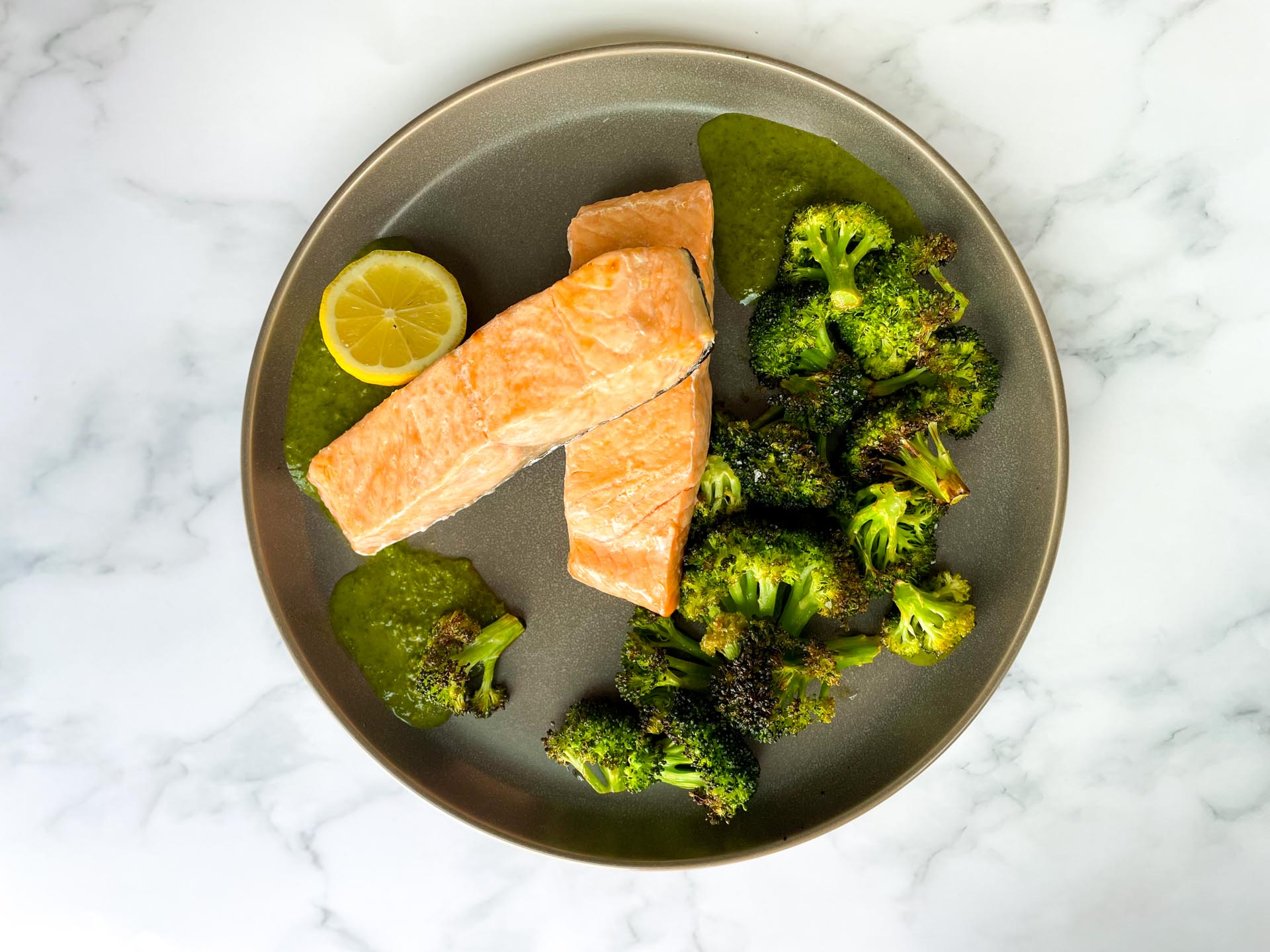 Oven baked salmon with chimichurri and broccoli